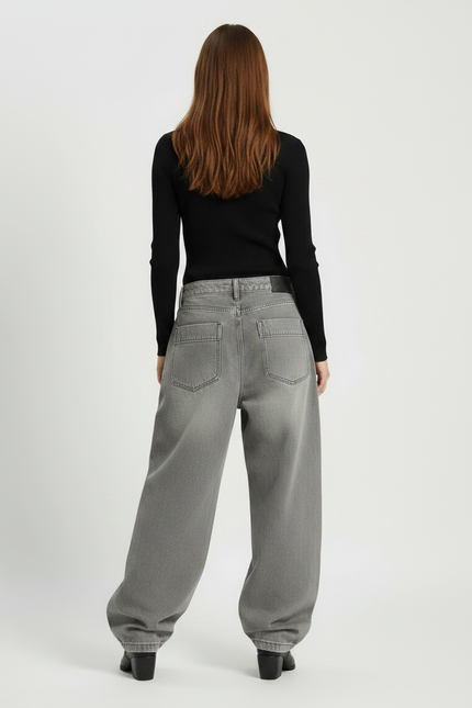 Pantalon Gris Cargo Ample Décontracté Brodé Femme - Jean - vue 2