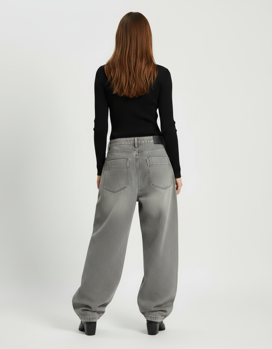Pantalon Gris Cargo Ample Décontracté Brodé Femme - Jean - vue 2