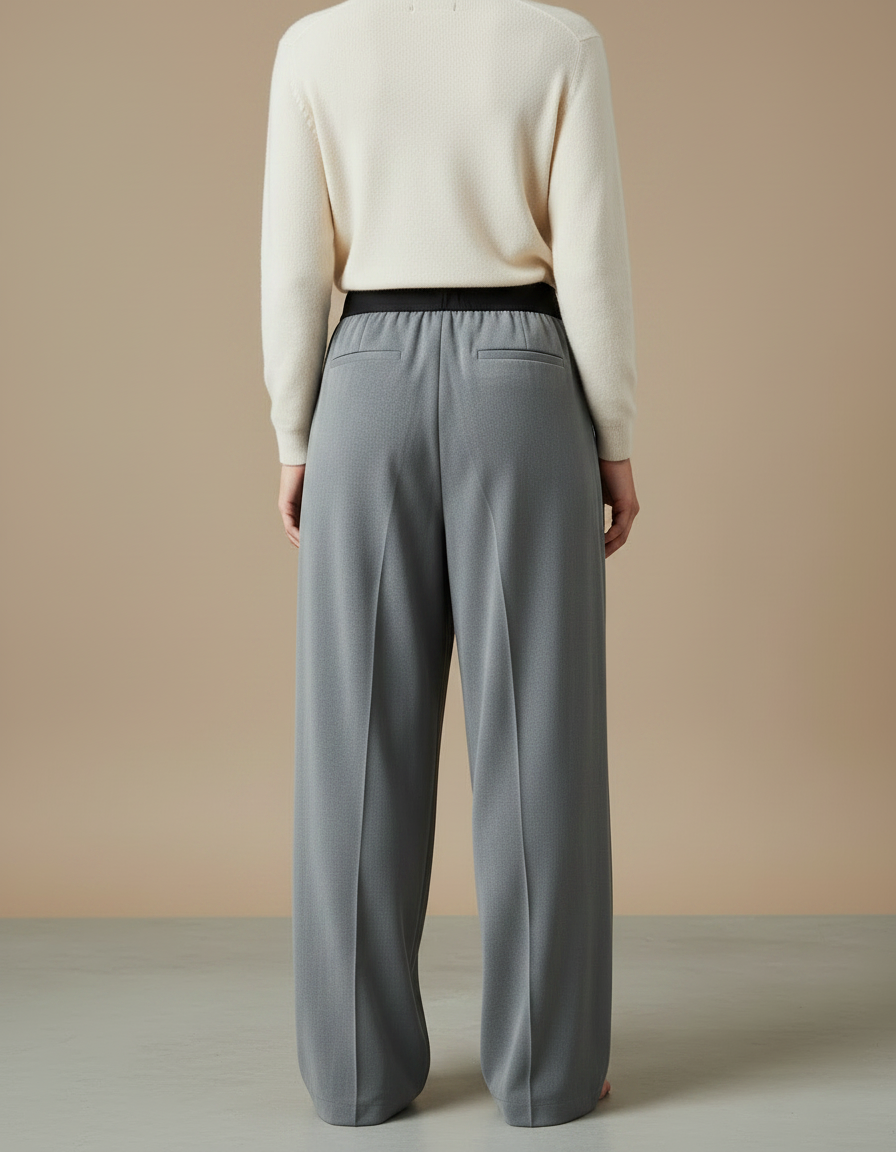 Pantalon Gris Ample Plissé Taille Haute Fluide Décontracté - Viscose - vue 2