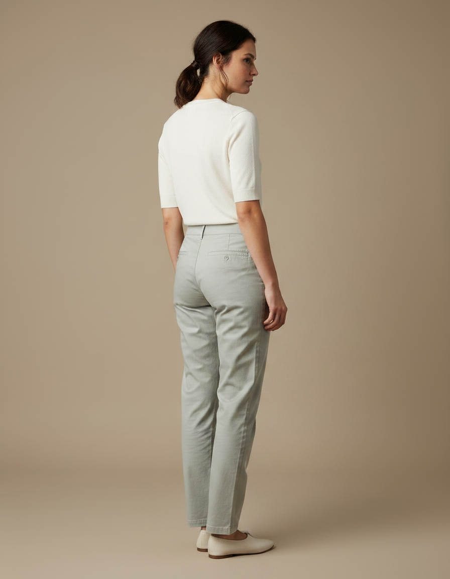 Pantalon Gris Femme Coton Droit Décontracté Simple - Vert Gabardine - vue 2