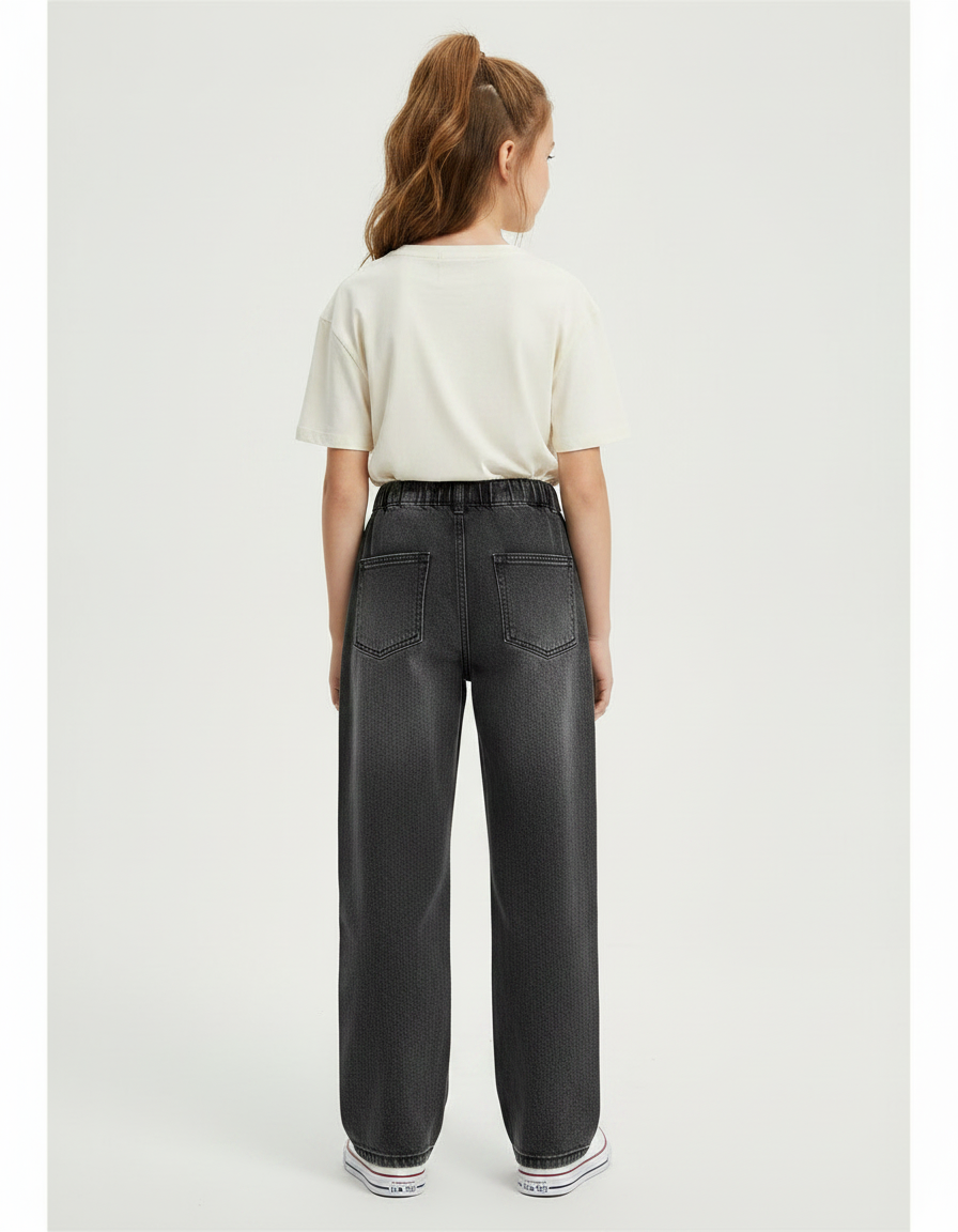 Pantalon Gris Denim Large Taille Haute Fille - Jean - vue 2