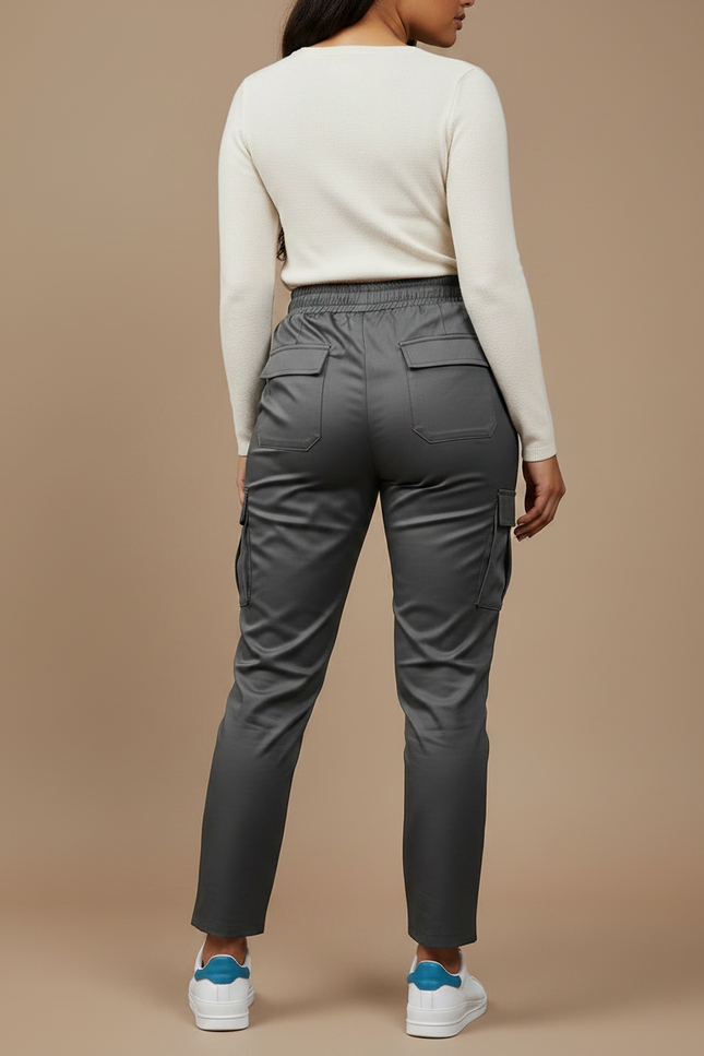 Pantalon Gris Satiné Cargo Taille Élastique Femme - vue 2