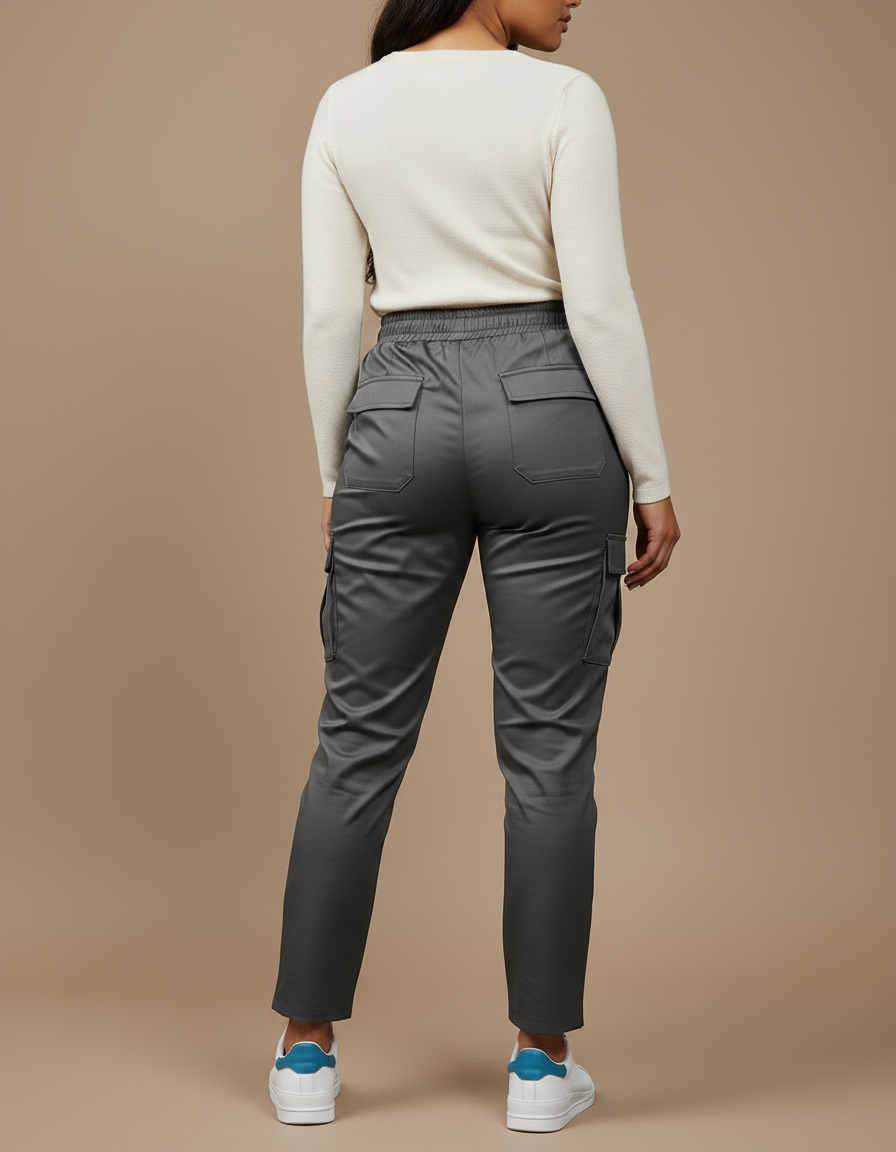 Pantalon Gris Satiné Cargo Taille Élastique Femme - vue 2