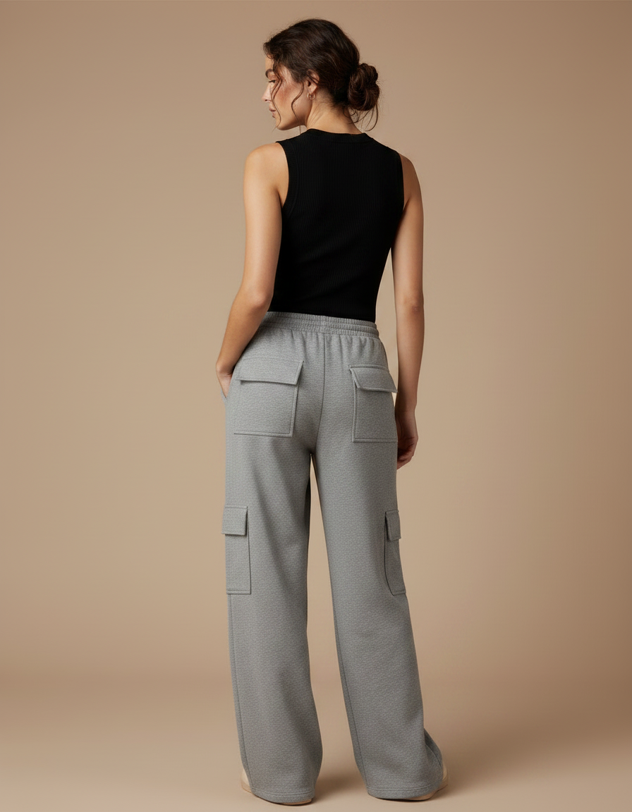 Pantalon Gris Cargo Ample Molletonné Décontracté - vue 2