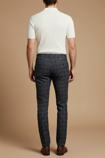 Pantalon Gris Carreaux Droit Élégant Habillé Homme - Laine - vue 2
