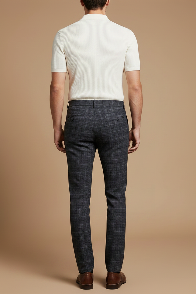 Pantalon Gris Carreaux Droit Élégant Habillé Homme - Laine - vue 2