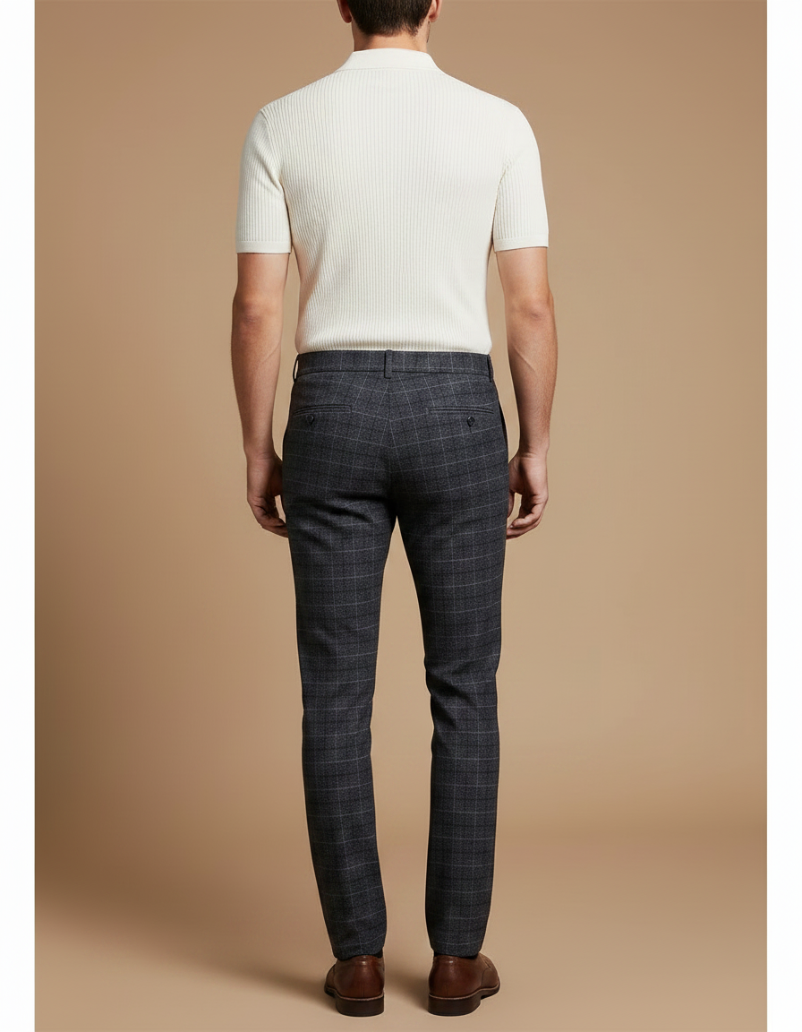Pantalon Gris Carreaux Droit Élégant Habillé Homme - Laine - vue 2