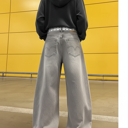 Pantalon Gris Jean Large Déchiré Ample Femme Y2K