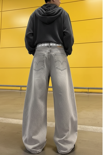 Pantalon Gris Jean Large Déchiré Ample Femme Y2K