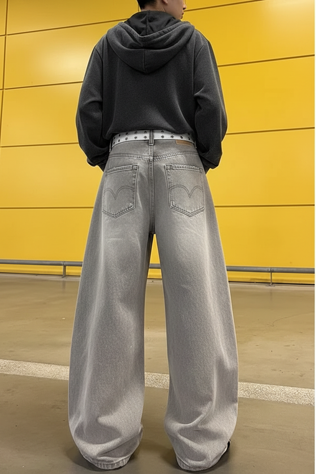 Pantalon Gris Jean Large Déchiré Ample Femme Y2K