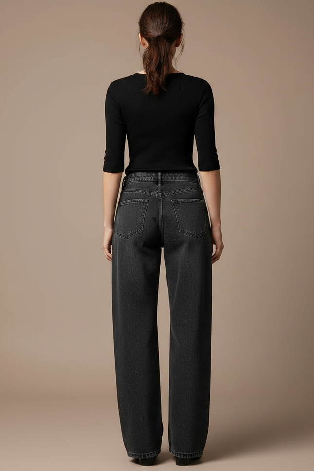 Pantalon Gris Jean Large Délavé Taille Haute Femme Y2K - vue 2