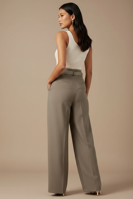 Pantalon Gris Ample Taille Haute Ceinturé Droit - Kaki Polyester - vue 2