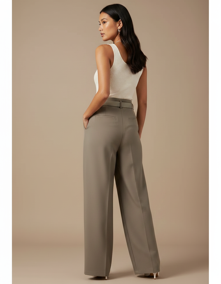 Pantalon Gris Ample Taille Haute Ceinturé Droit - Kaki Polyester - vue 2