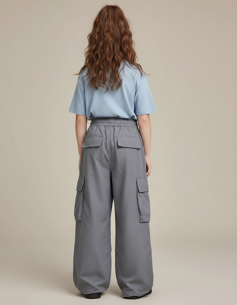 Pantalon Gris Cargo Ample Enfant Taille Haute - Polyester - vue 2