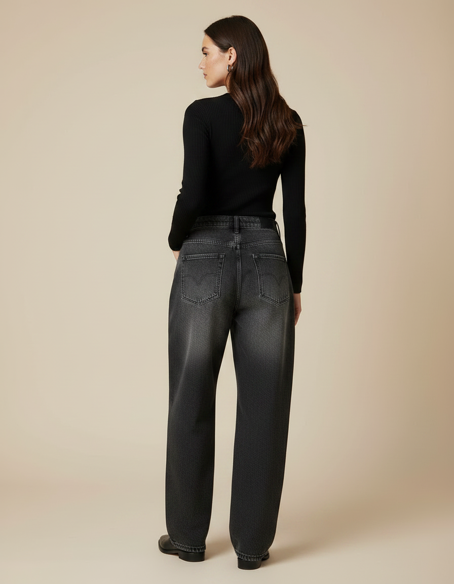 Pantalon Gris Jean Ample Brodé Décontracté Femme - vue 2