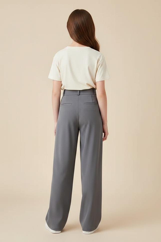 Pantalon Gris Plissé Ample Taille Haute Élégant Femme - Polyester - vue 2
