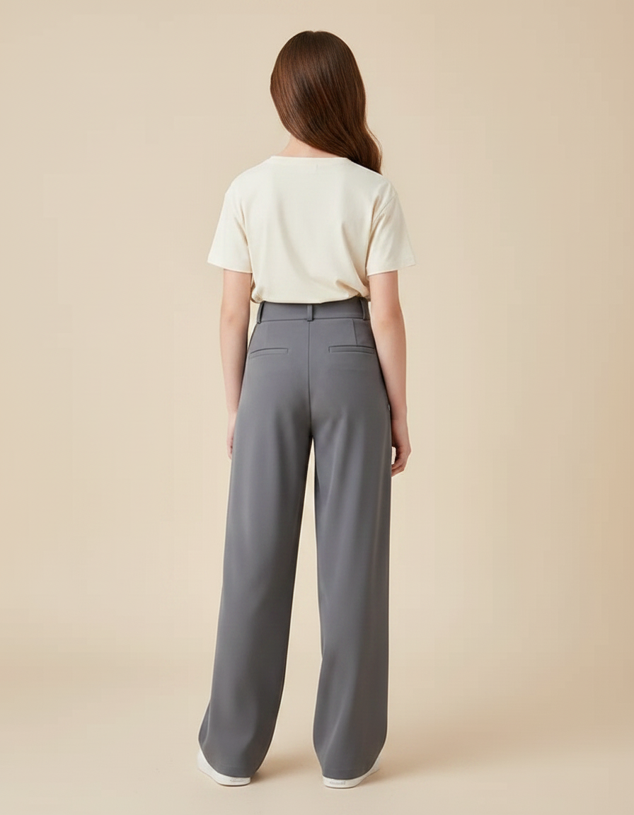 Pantalon Gris Plissé Ample Taille Haute Élégant Femme - Polyester - vue 2