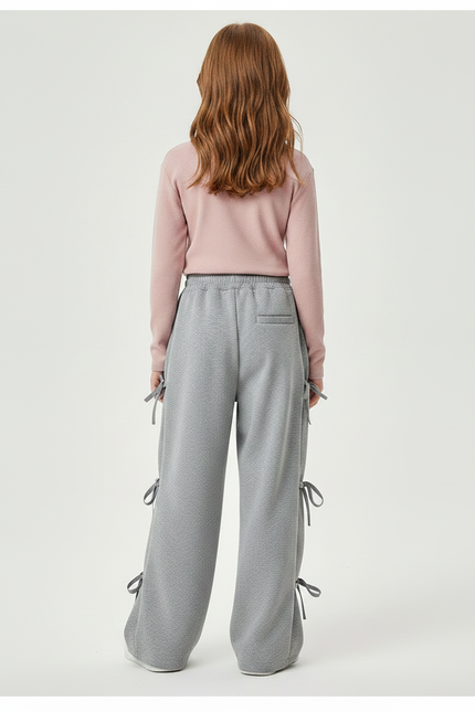 Pantalon Gris Large Coton Nœuds Fille Sportif - Molleton - vue 2