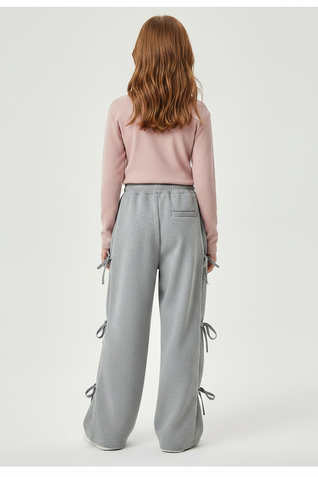 Pantalon Gris Large Coton Nœuds Fille Sportif - Molleton - vue 2