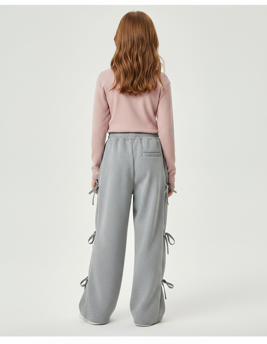 Pantalon Gris Large Coton Nœuds Fille Sportif - Molleton - vue 2