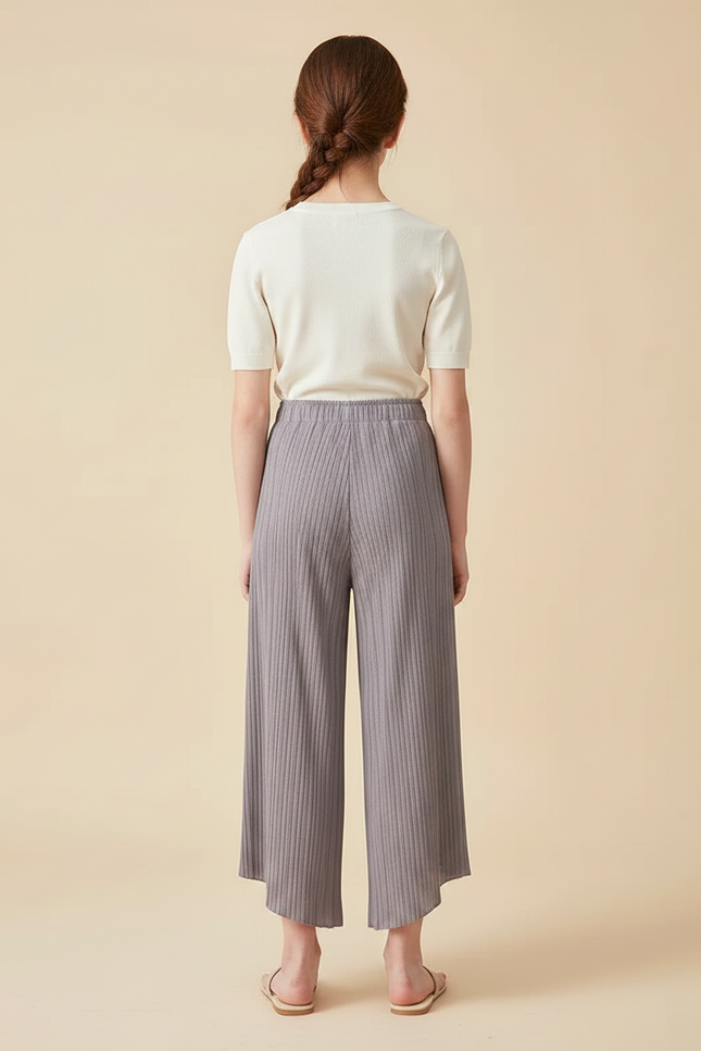 Pantalon Gris Plissé Large Élastique Décontracté Fille - Maille - vue 2