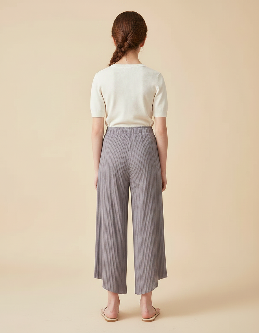 Pantalon Gris Plissé Large Élastique Décontracté Fille - Maille - vue 2