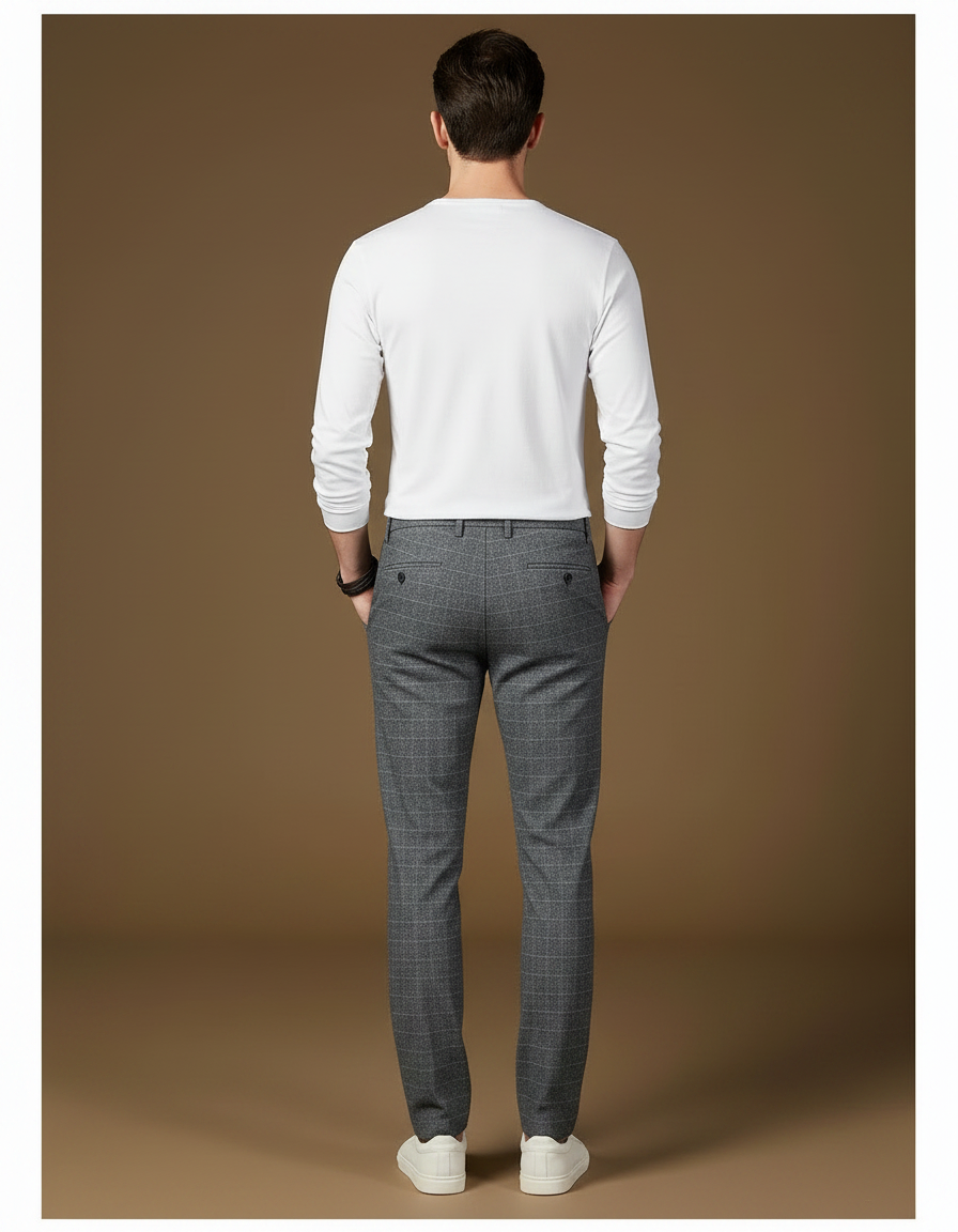Pantalon Gris Carreaux Droit Décontracté Homme - Laine - vue 2