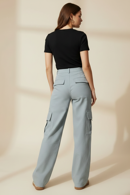 Pantalon Gris Cargo Ample Taille Haute Femme - Gabardine - vue 2