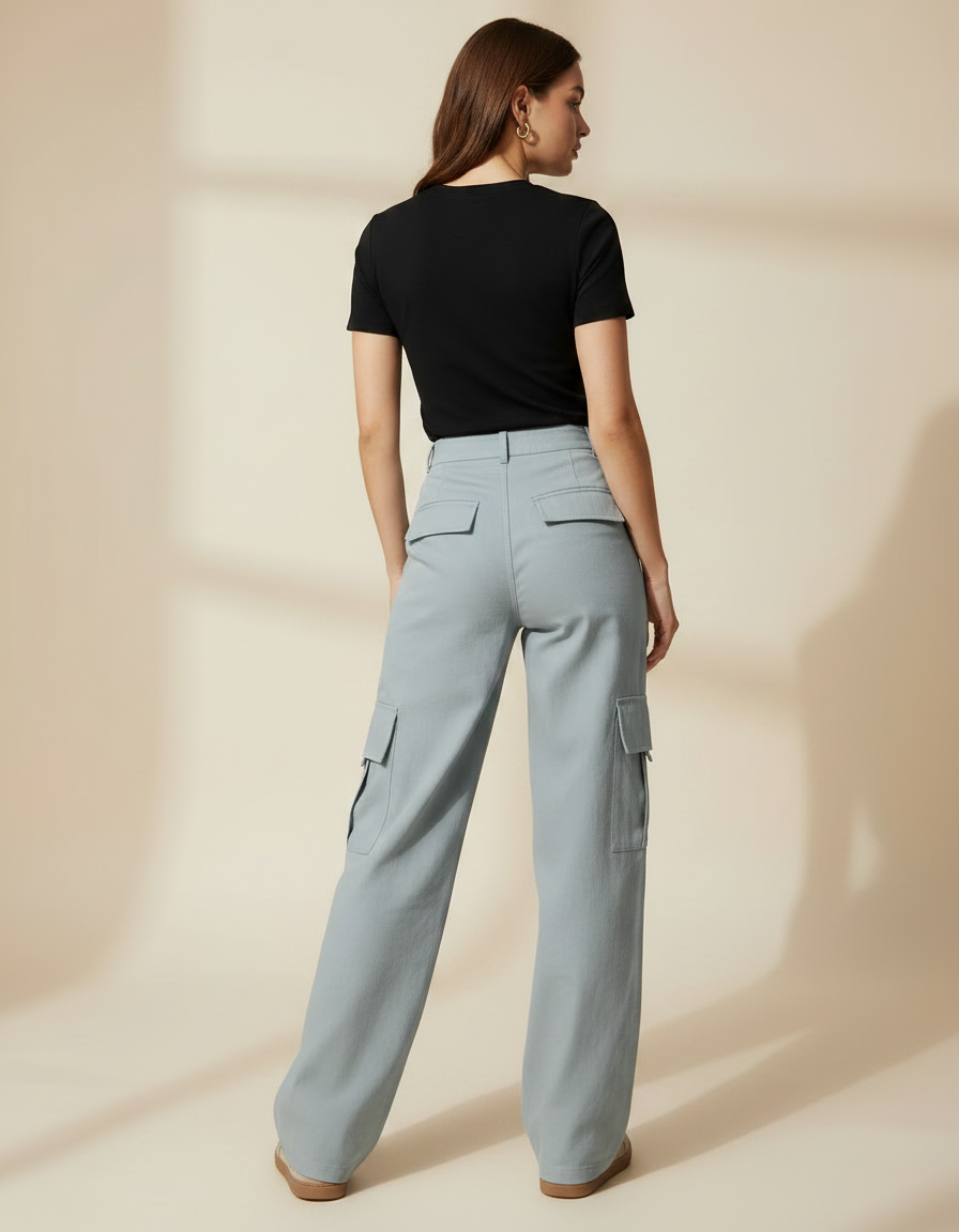 Pantalon Gris Cargo Ample Taille Haute Femme - Gabardine - vue 2