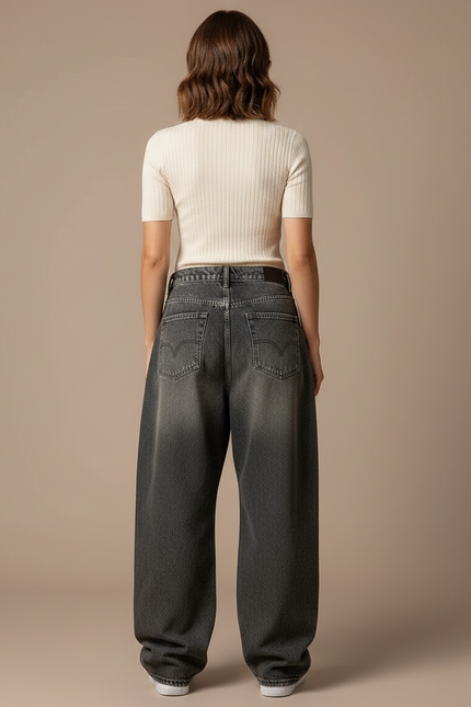 Pantalon Gris Ample Ailes Brodées Streetwear Femme - Jean - vue 2