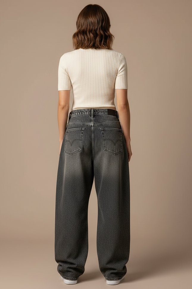 Pantalon Gris Ample Ailes Brodées Streetwear Femme - Jean - vue 2