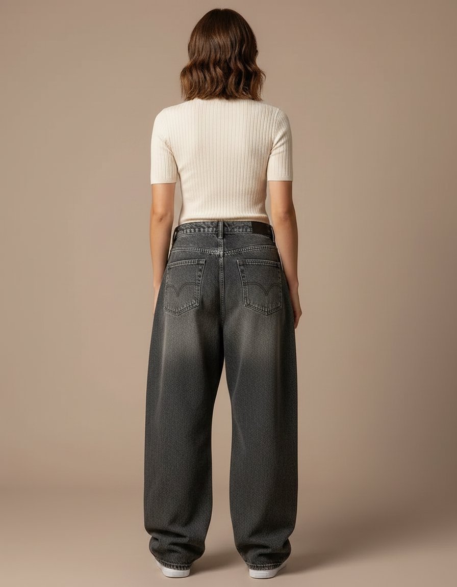 Pantalon Gris Ample Ailes Brodées Streetwear Femme - Jean - vue 2