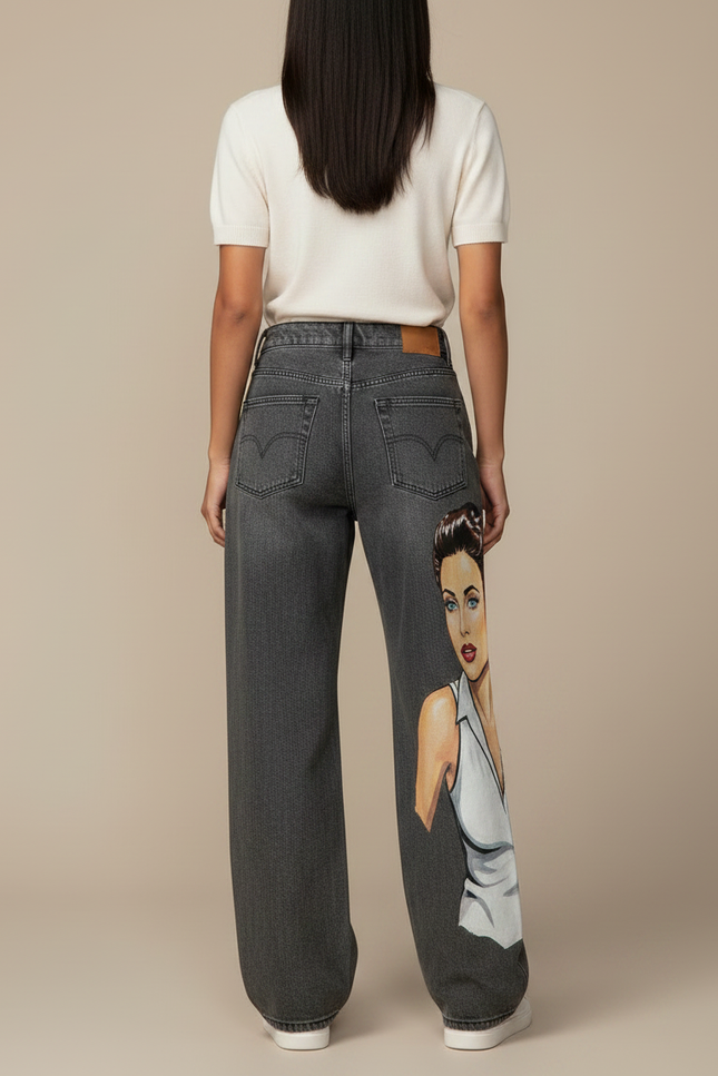 Pantalon Gris Jean Large Imprimé Déchiré Femme - vue 2