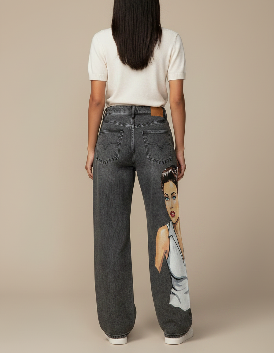 Pantalon Gris Jean Large Imprimé Déchiré Femme - vue 2