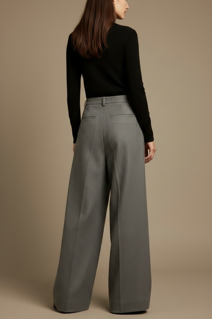 Pantalon Gris Large Taille Haute Plissé Fluide - Laine - vue 2