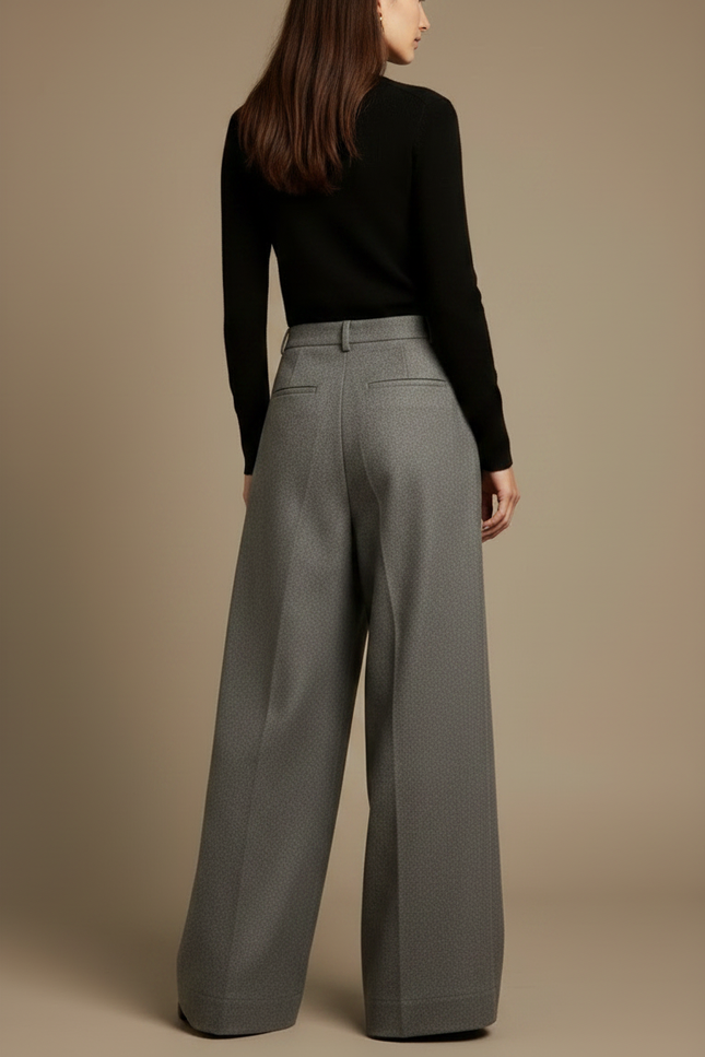 Pantalon Gris Large Taille Haute Plissé Fluide - Laine - vue 2