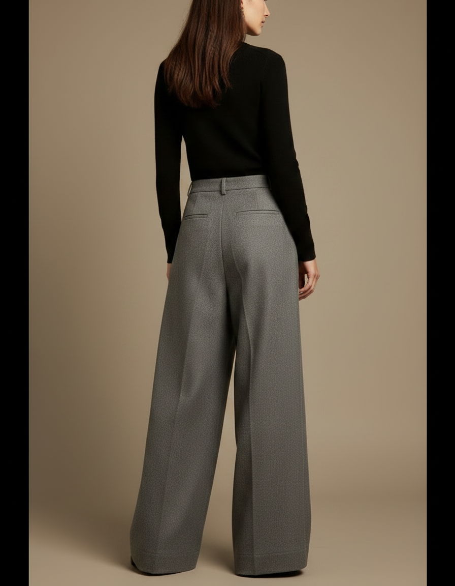 Pantalon Gris Large Taille Haute Plissé Fluide - Laine - vue 2