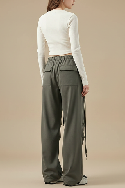 Pantalon Gris Cargo Ample Cordon Taille Haute Femme - Kaki Gabardine - vue 2