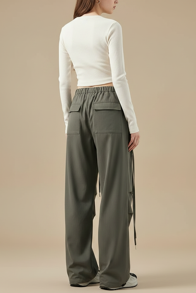 Pantalon Gris Cargo Ample Cordon Taille Haute Femme - Kaki Gabardine - vue 2
