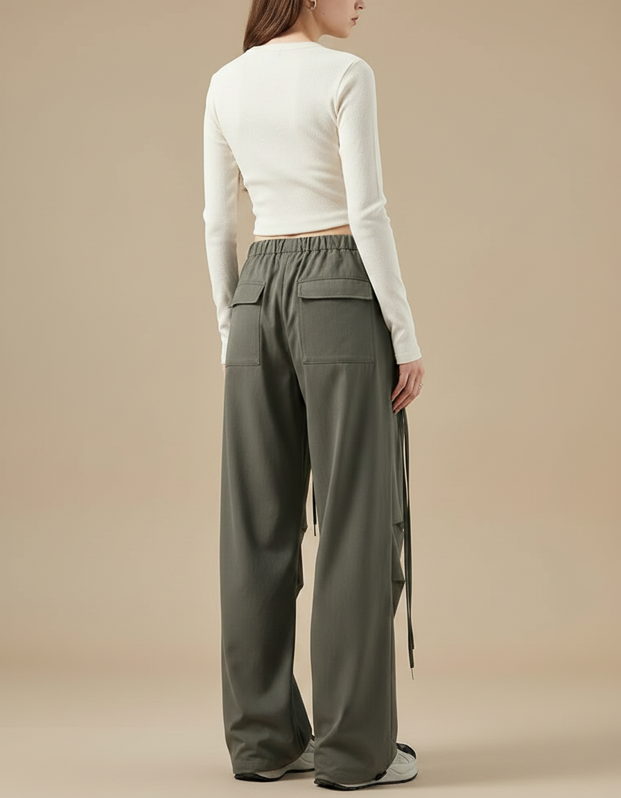 Pantalon Gris Cargo Ample Cordon Taille Haute Femme - Kaki Gabardine - vue 2