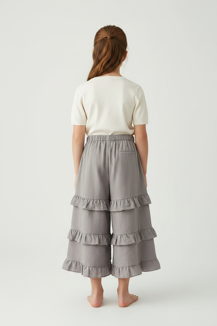 Pantalon Gris Volants Ample Confortable Fille Coton - vue 2