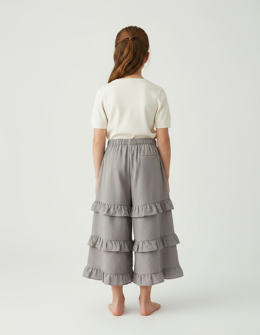 Pantalon Gris Volants Ample Confortable Fille Coton - vue 2
