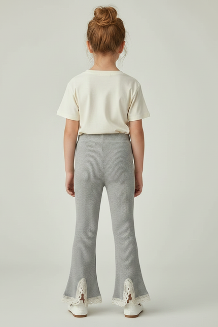 Pantalon Gris Côtelé Évasé Dentelle Fille - Maille - vue 2