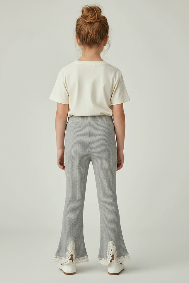 Pantalon Gris Côtelé Évasé Dentelle Fille - Maille - vue 2