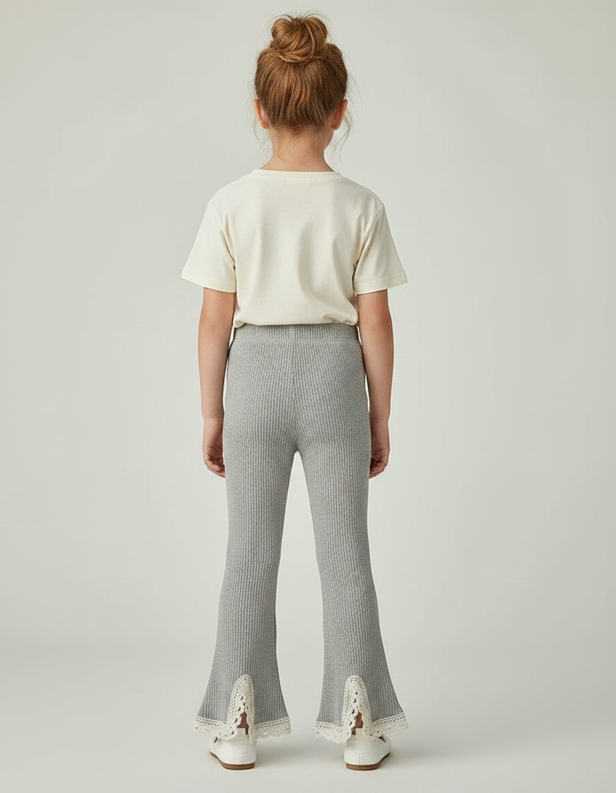 Pantalon Gris Côtelé Évasé Dentelle Fille - Maille - vue 2