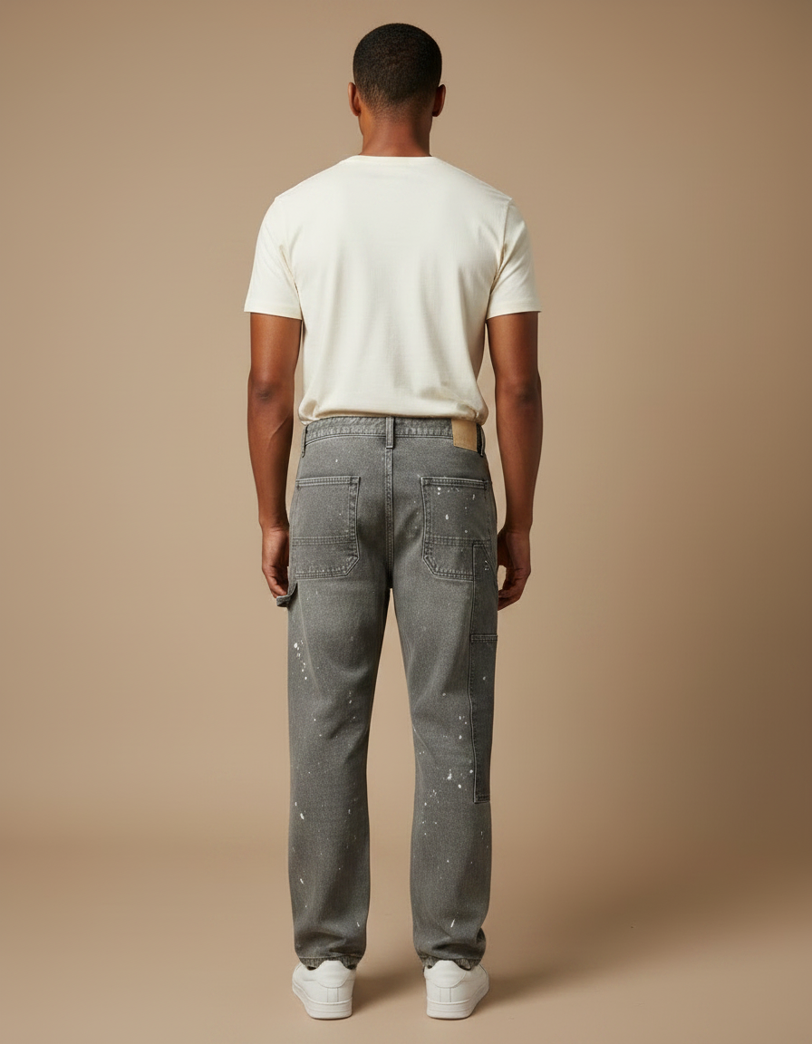 Pantalon Gris Denim Patchwork Peinture Décontracté Homme - Jean - vue 2