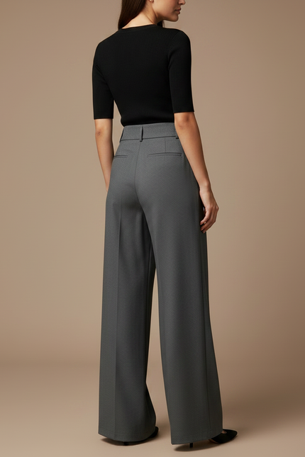 Pantalon Gris Ample Taille Haute Boutons Plissé - Gabardine - vue 2