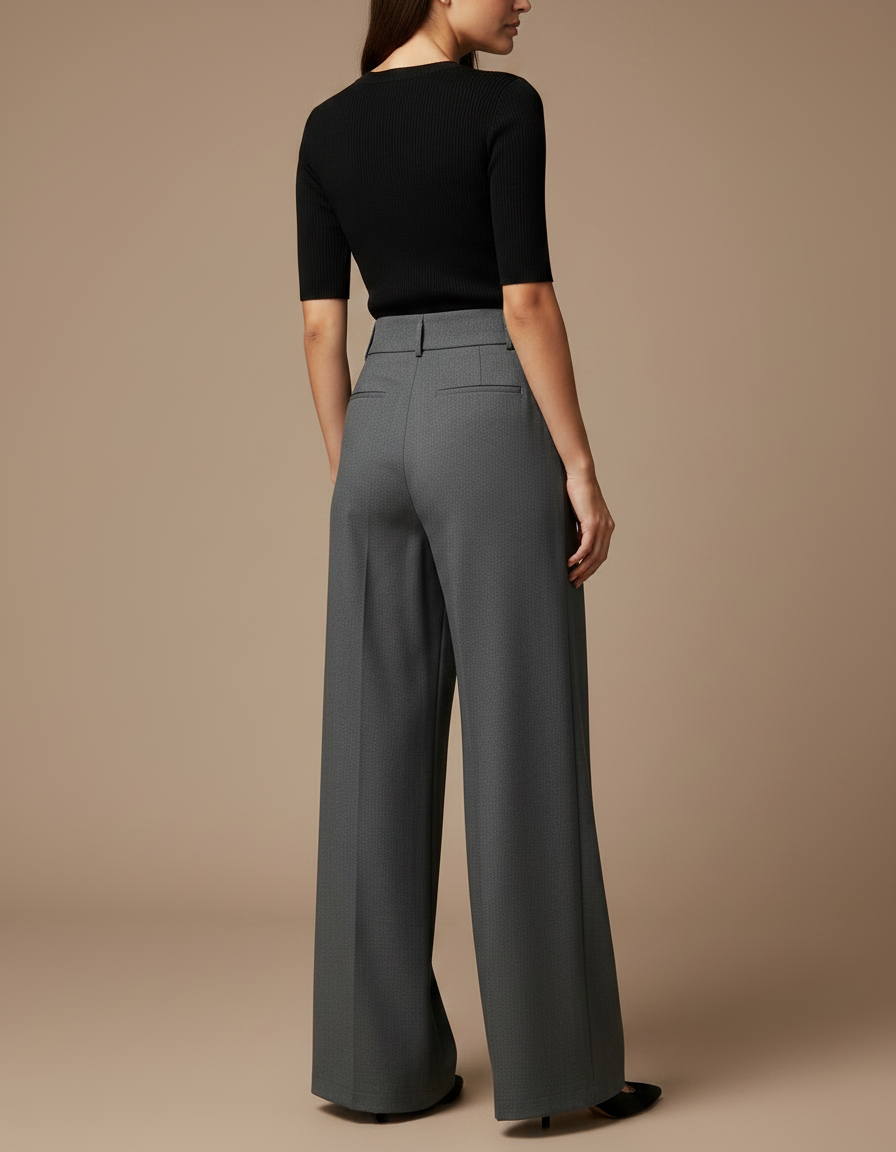 Pantalon Gris Ample Taille Haute Boutons Plissé - Gabardine - vue 2