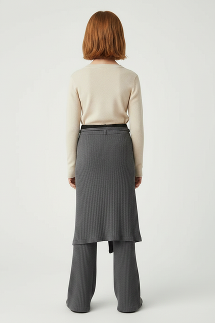 Pantalon Gris Côtelé Jupe-Pantalon Boutons Fille Moderne - Maille - vue 2
