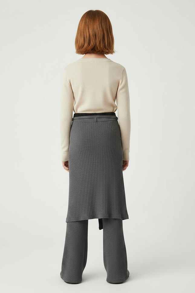 Pantalon Gris Côtelé Jupe-Pantalon Boutons Fille Moderne - Maille - vue 2